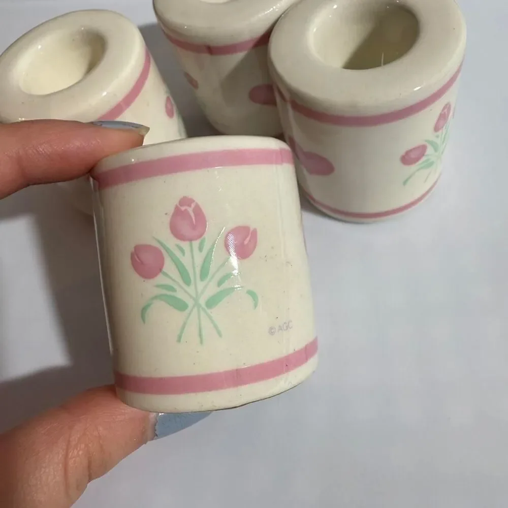 VINTAGE NEW Set of 4 pink white tulip candle holders whimsy cottagecore coquette